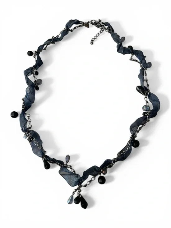 Cookie Lee Navy Ribbon Gunmetal Chain Crystal Dangle Beaded Necklace - Picture 11 of 12